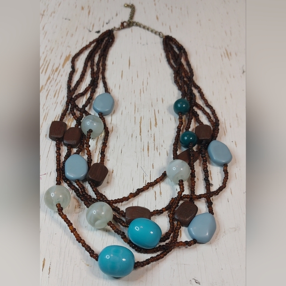 Multistrand Brown Seed Beads Turquoise Glass Beads Necklace 16.5 inches Jewelry - Picture 4 of 5